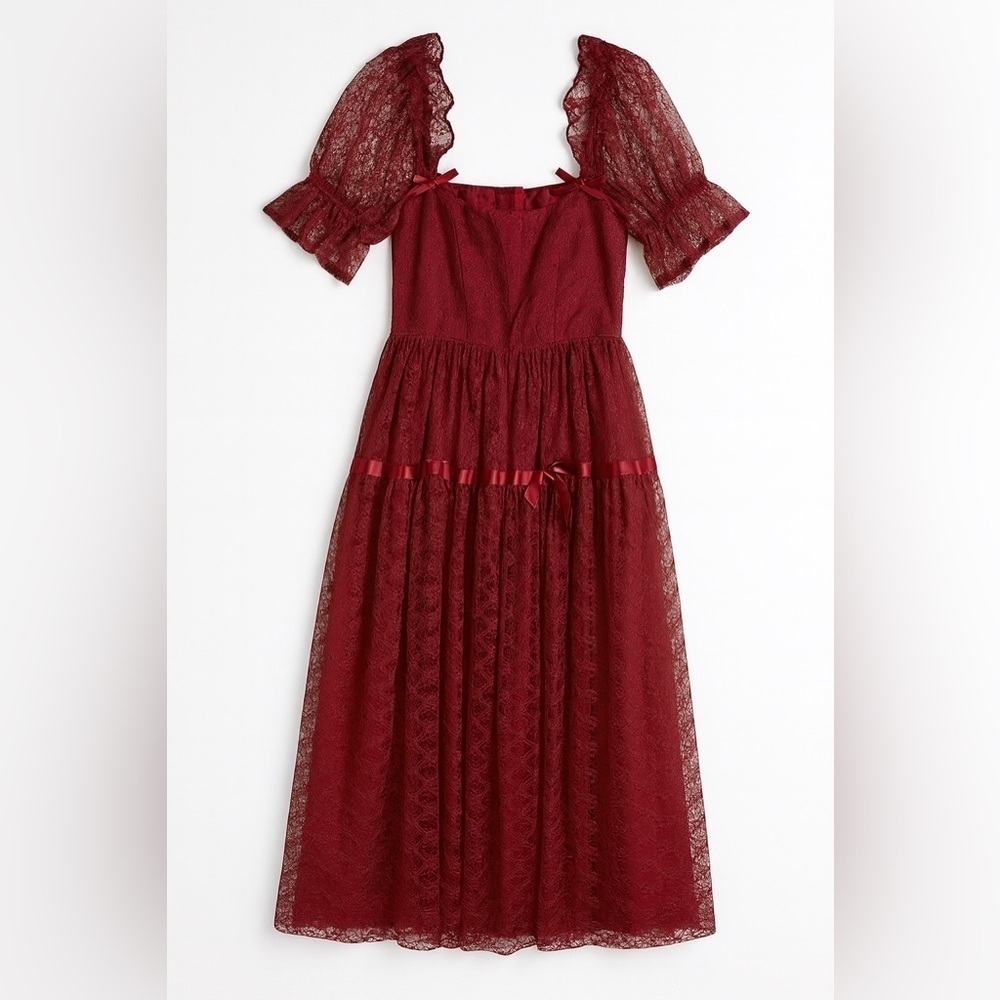 Vintage 70s 80s Crimson Lace Full Sweep Victorian Puff Sleeves Petticoat Gown S